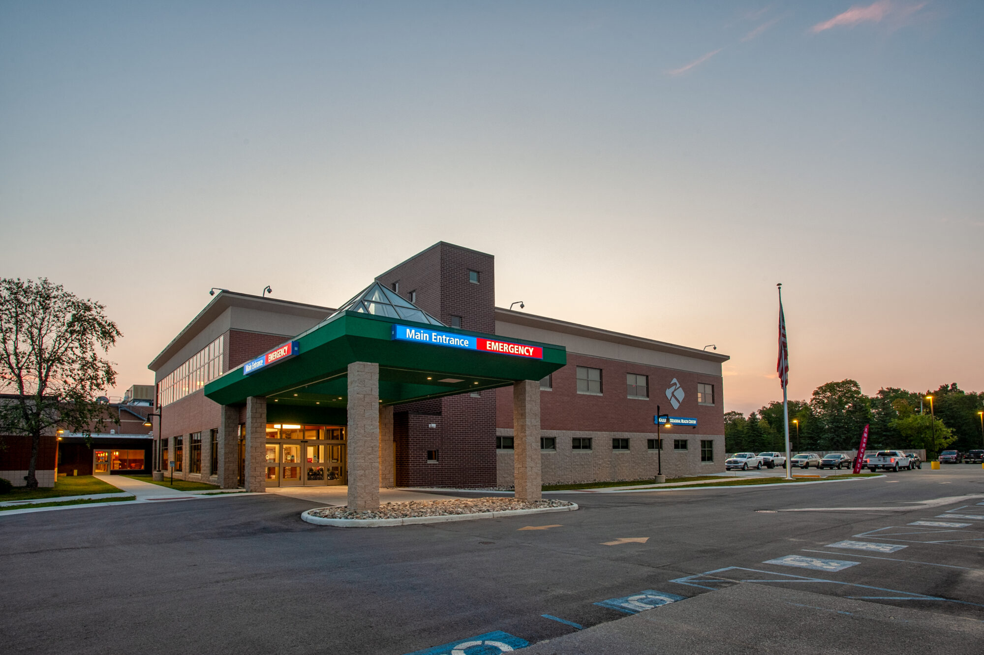 Hospital emergency entrance at sunset